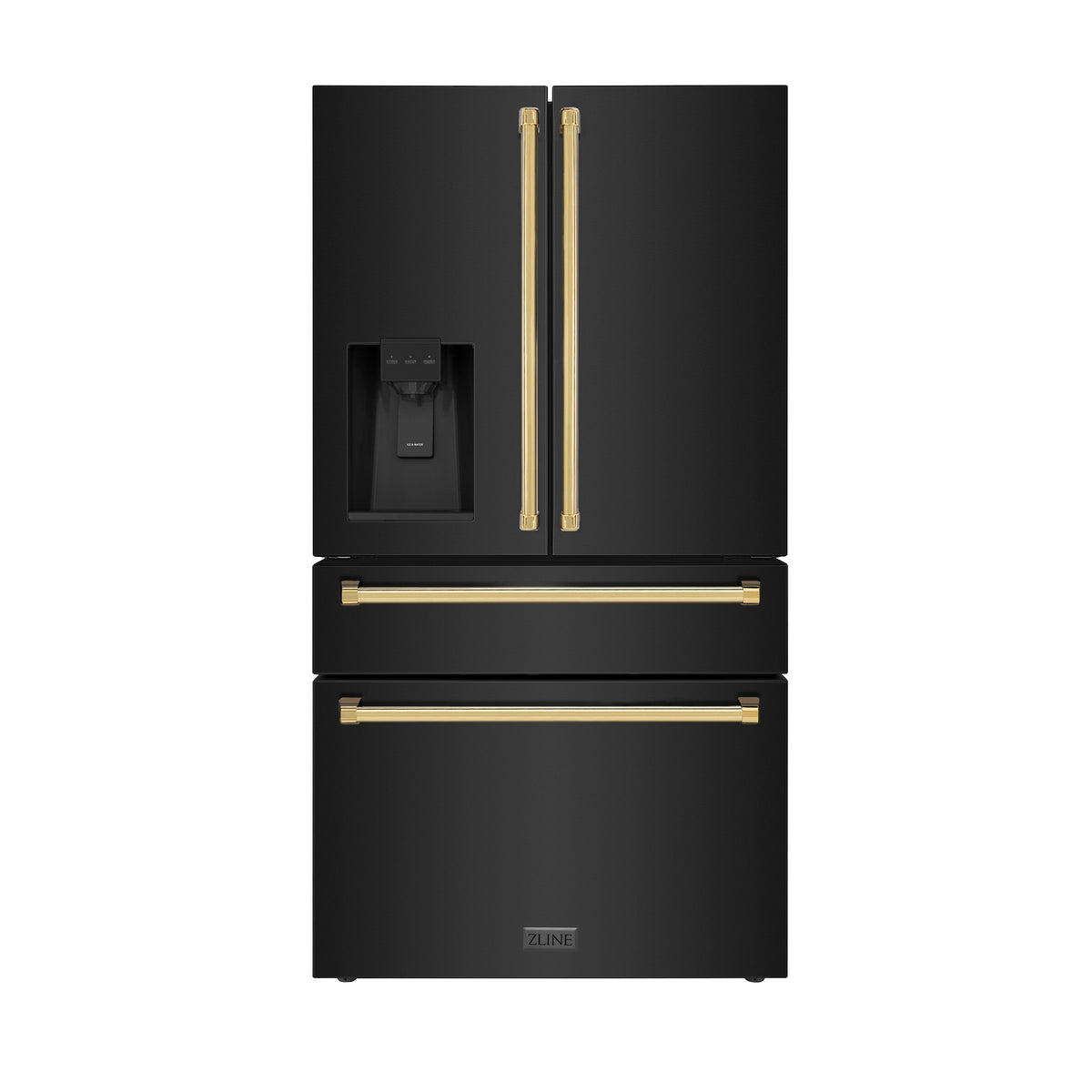 ZLINE Autograph Edition 36 in. 21.6 cu. ft. Counter-Depth French Door Refrigerator with Water and Ice Dispenser in Fingerprint-Resistant Black Stainless Steel with Polished Gold Traditional Handles (RFMZ-W-36-BS-G)