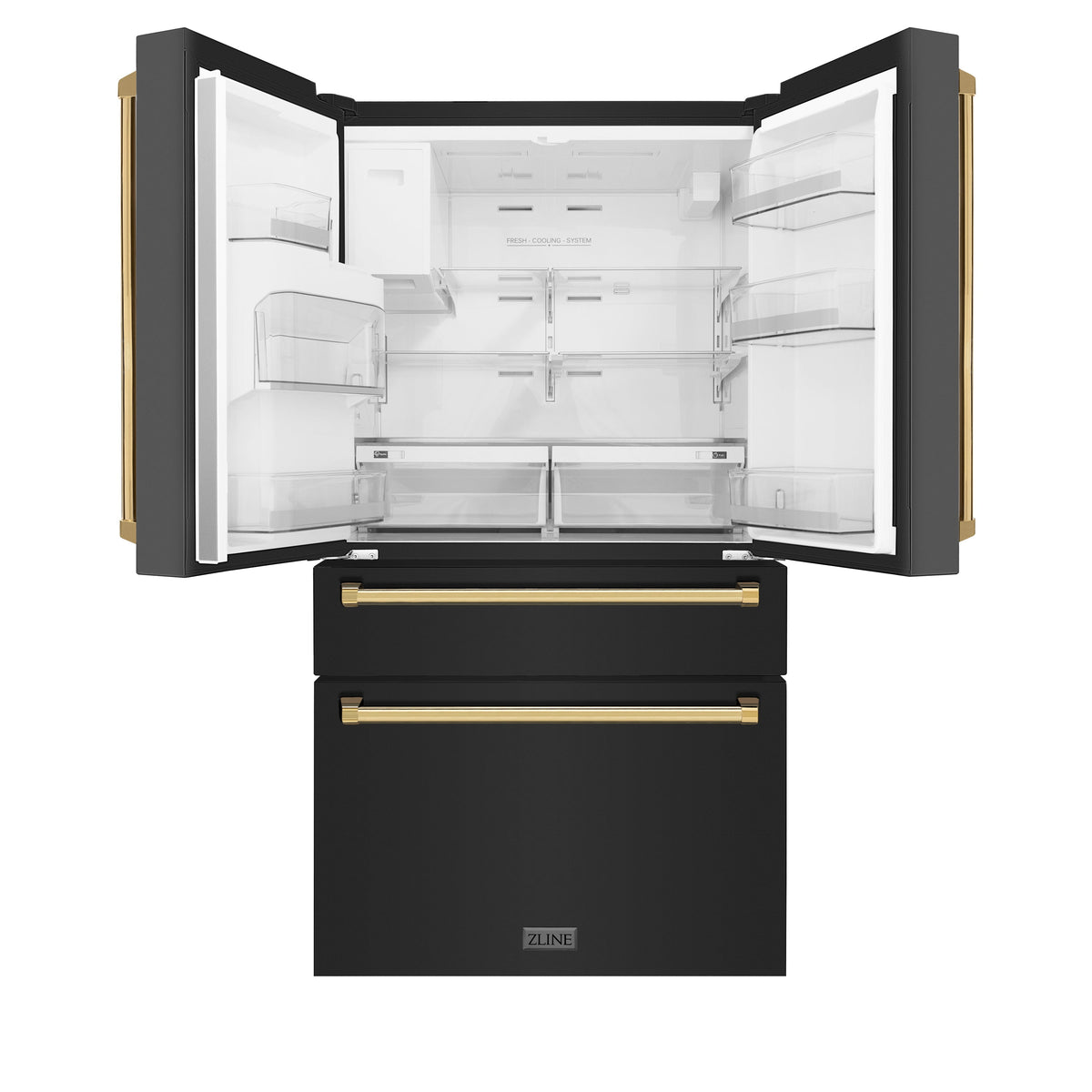 ZLINE Autograph Edition 36 in. 21.6 cu. ft. Counter-Depth French Door Refrigerator with Water and Ice Dispenser in Fingerprint-Resistant Black Stainless Steel with Polished Gold Traditional Handles (RFMZ-W-36-BS-G)