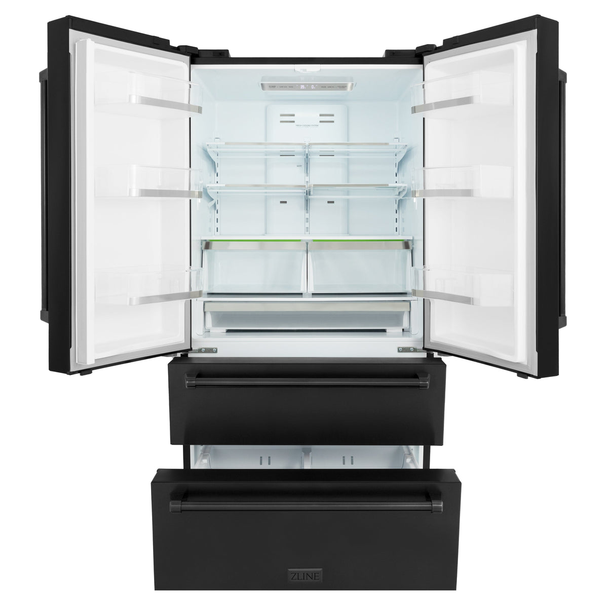 ZLINE 36 in. 21.6 cu. ft. Counter-Depth French Door Refrigerator with Water and Ice Dispenser with Extra Water Filter in Fingerprint-Resistant Black Stainless Steel (RFM-W-WF-36-BS)