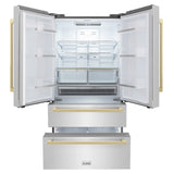 ZLINE Autograph Edition 36 in. 22.5 cu. ft. Counter-Depth French Door Refrigerator with Ice Maker in Fingerprint-Resistant Stainless Steel with Champagne Bronze Modern Handles (RFMZ-36-FCB)