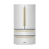 ZLINE Autograph Edition 36 in. 22.5 cu. ft. Counter-Depth French Door Refrigerator with Ice Maker in Fingerprint-Resistant Stainless Steel with Champagne Bronze Modern Handles (RFMZ-36-FCB)