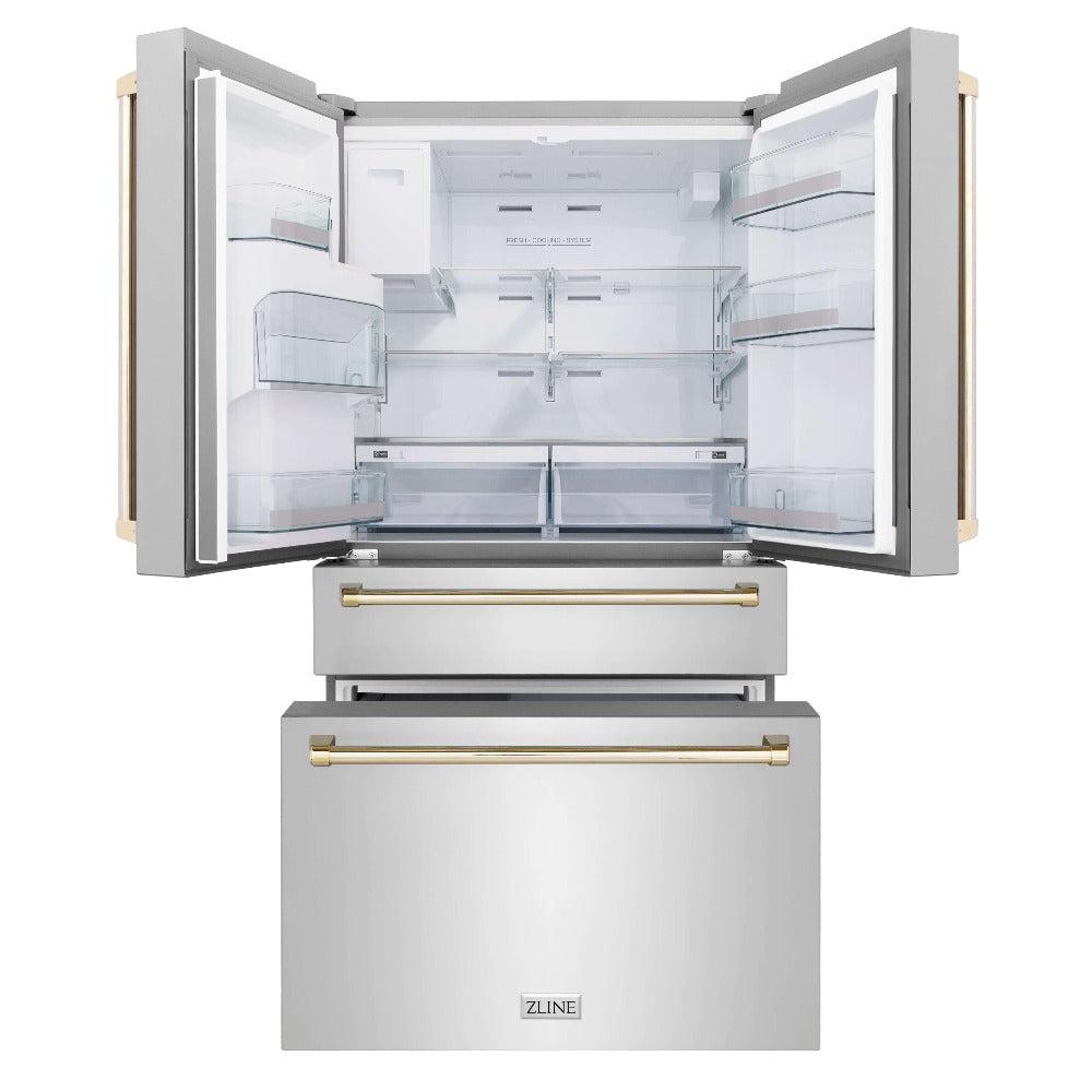 ZLINE Autograph Edition 30 in. Kitchen Package with Stainless Steel Dual Fuel Range, Range Hood, Dishwasher, and Refrigerator with External Water Dispenser with Polished Gold Accents (4AKPR-RARHDWM30-G)