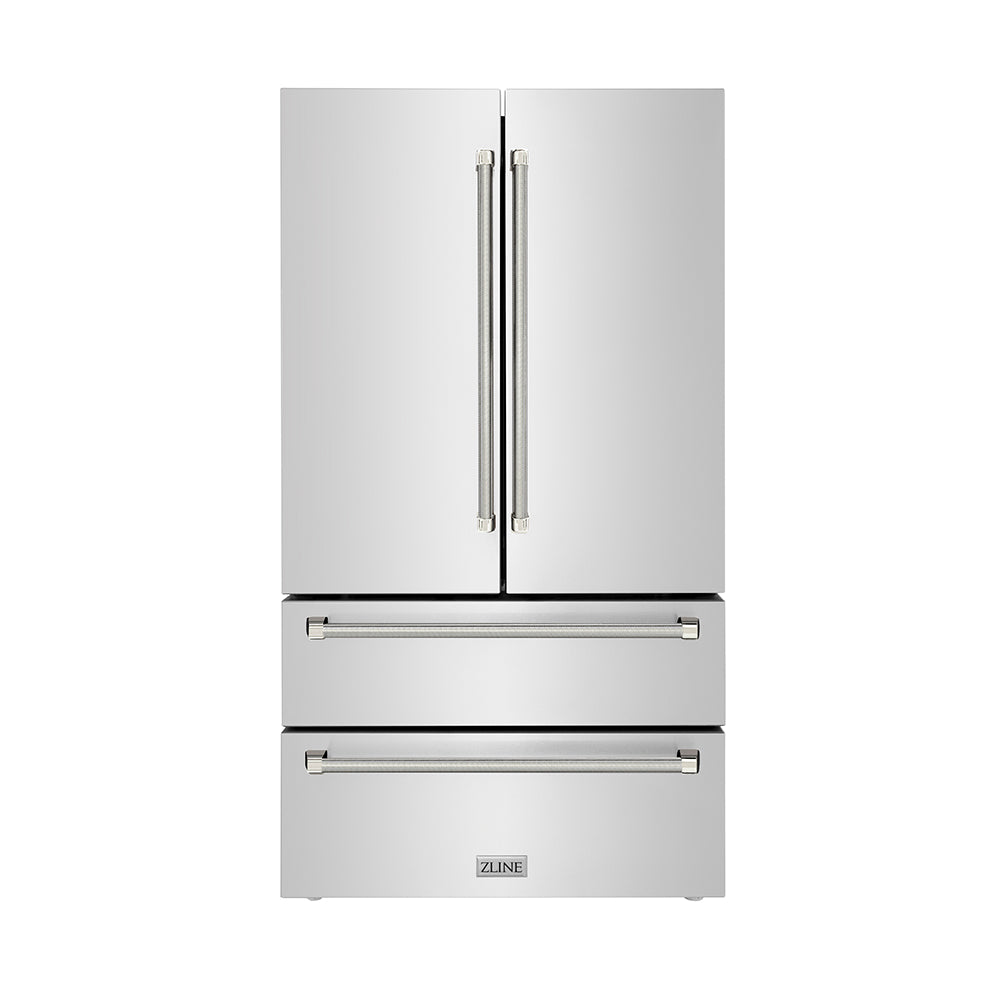 ZLINE Autograph Edition 36 in. 22.5 cu. ft. Counter-Depth French Door Refrigerator with Ice Maker in Fingerprint-Resistant Stainless Steel and Polished Nickel Helix Handles (RFMZ-36-KPN)