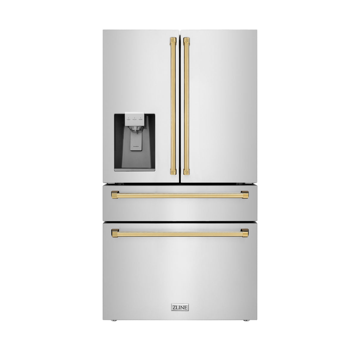 ZLINE Autograph Edition 36 in. 21.6 cu. ft. Counter-Depth French Door Refrigerator with Water and Ice Dispenser in Fingerprint-Resistant Stainless Steel with Polished Gold Traditional Handles (RFMZ-W-36-G)