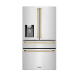 ZLINE Autograph Edition 36 in. 21.6 cu. ft. Counter-Depth French Door Refrigerator with Water and Ice Dispenser in Fingerprint-Resistant Stainless Steel with Polished Gold Traditional Handles (RFMZ-W-36-G)