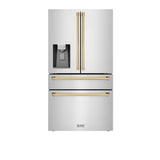 ZLINE Autograph Edition 36 in. 21.6 cu. ft. Counter-Depth French Door Refrigerator with Water and Ice Dispenser in Fingerprint-Resistant Stainless Steel with Polished Gold Traditional Handles (RFMZ-W-36-G)