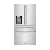 ZLINE Autograph Edition 36 in. 21.6 cu. ft. Counter-Depth French Door Refrigerator with Water and Ice Dispenser in Fingerprint-Resistant Stainless Steel with Polished Nickel Helix Handles (RFMZ-W-36-KPN)