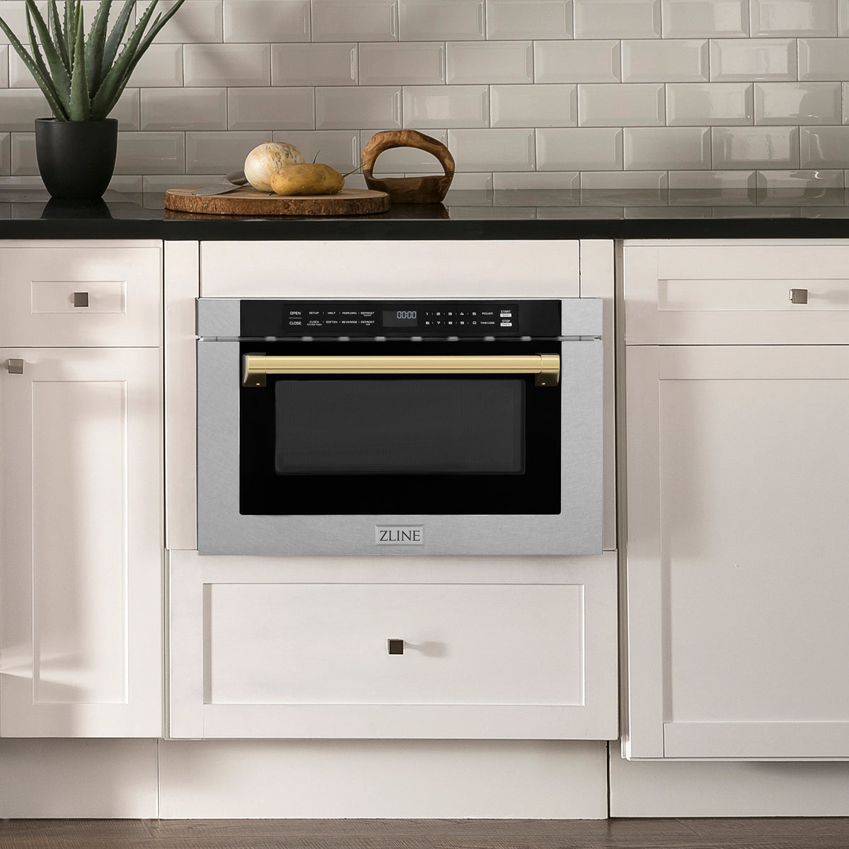 ZLINE Autograph Edition 24 in. 1.2 cu. ft. Built-in Microwave Drawer with a Traditional Handle in Satin Stainless Steel and Polished Gold Accents (MWDZ-1-SS-H-G)