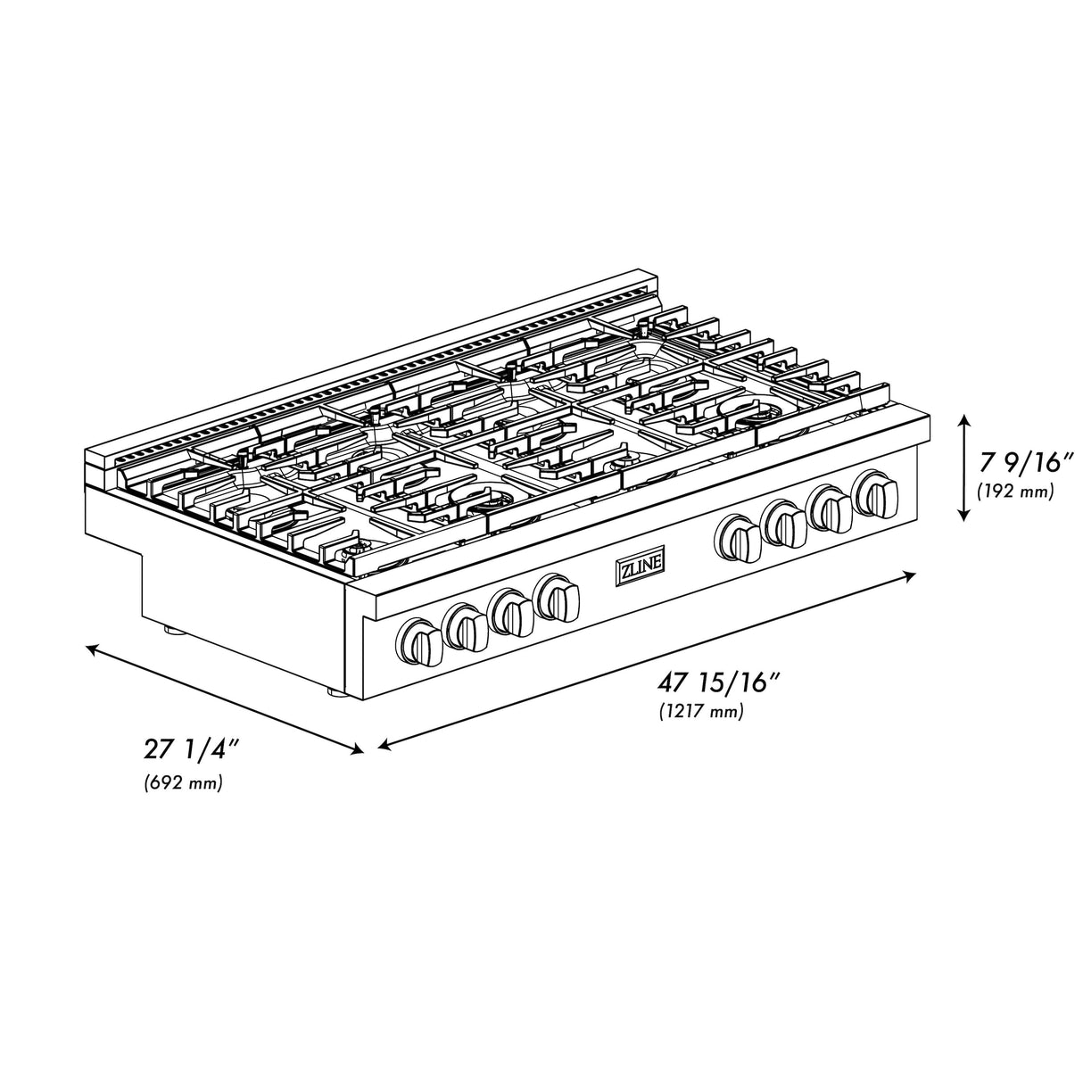 ZLINE 48 in. Paramount Gas Rangetop with 8 Brass Burners and Porcelain Cooktop in Satin Stainless Steel (SRTS-BR-48)