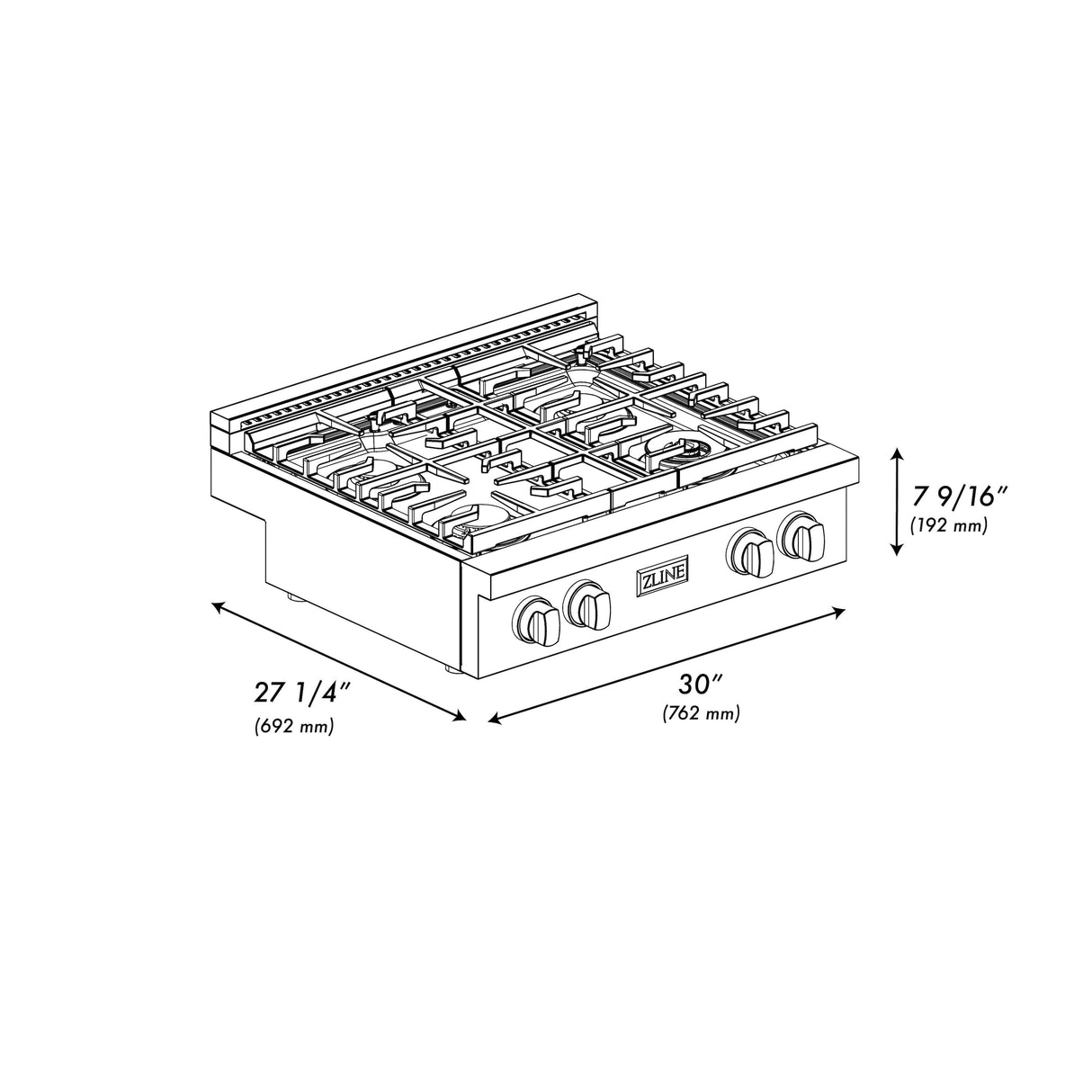 ZLINE 30 in. Paramount Gas Rangetop with 4 Burners and Porcelain Cooktop in Satin Stainless Steel (SRTS-30)