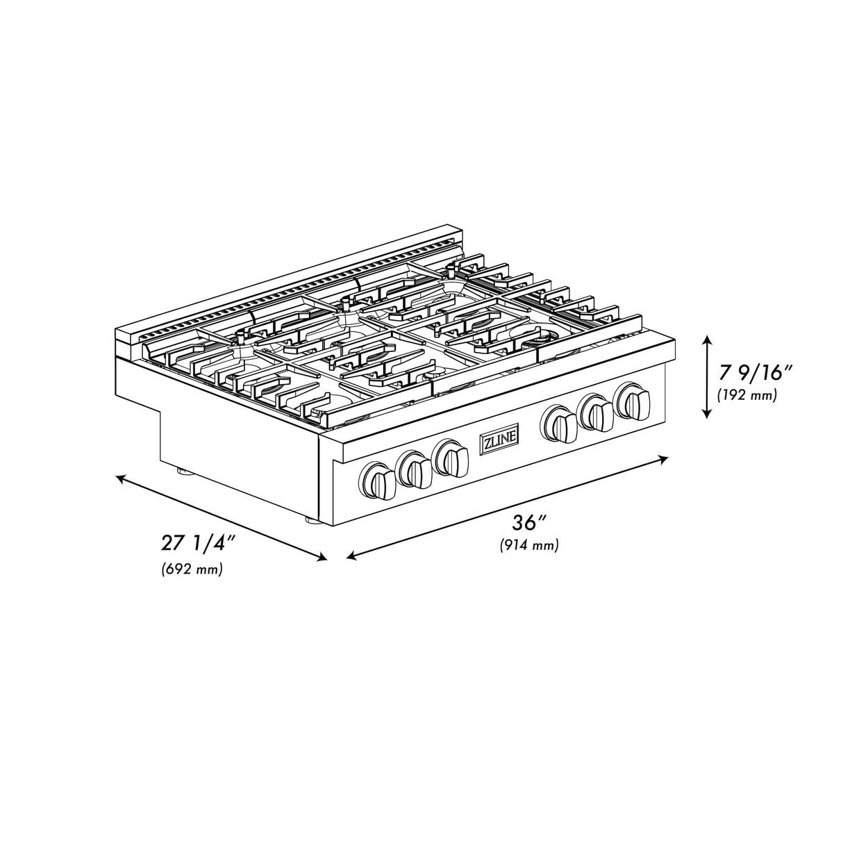 ZLINE 36 in. Paramount Gas Rangetop with 6 Burners and Porcelain Cooktop in Satin Stainless Steel (SRTS-36)