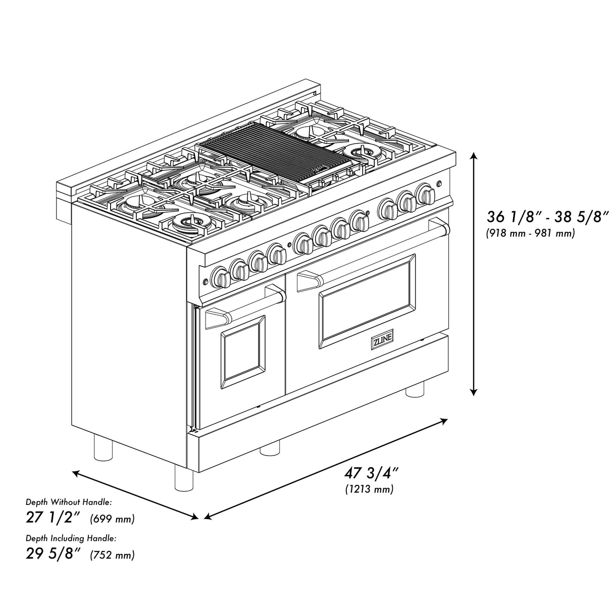ZLINE 48 in. 6.0 cu. ft. Legacy Dual Fuel Range with 7 Burner Gas Cooktop and 2 Electric Ovens in Black Stainless Steel (RAB-48)