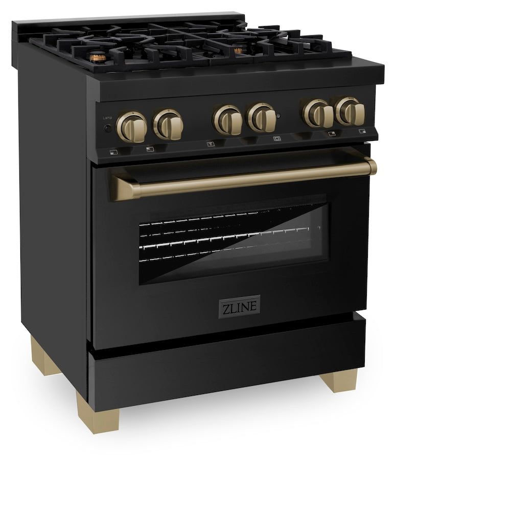 ZLINE Autograph Edition 30 in. 4.0 cu. ft. Legacy Dual Fuel Range with 4 Burner Gas Cooktop and Electric Convection Oven in Black Stainless Steel and Champagne Bronze Accents (RABZ-30-CB)