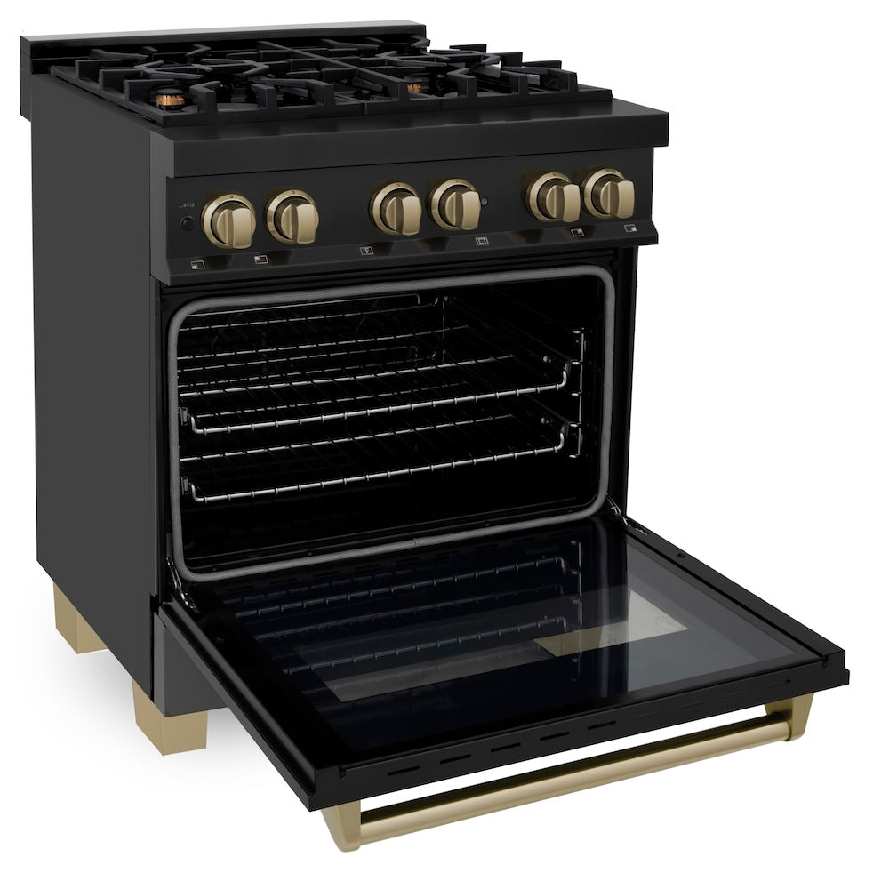 ZLINE Autograph Edition 30 in. 4.0 cu. ft. Legacy Dual Fuel Range with 4 Burner Gas Cooktop and Electric Convection Oven in Black Stainless Steel and Champagne Bronze Accents (RABZ-30-CB)