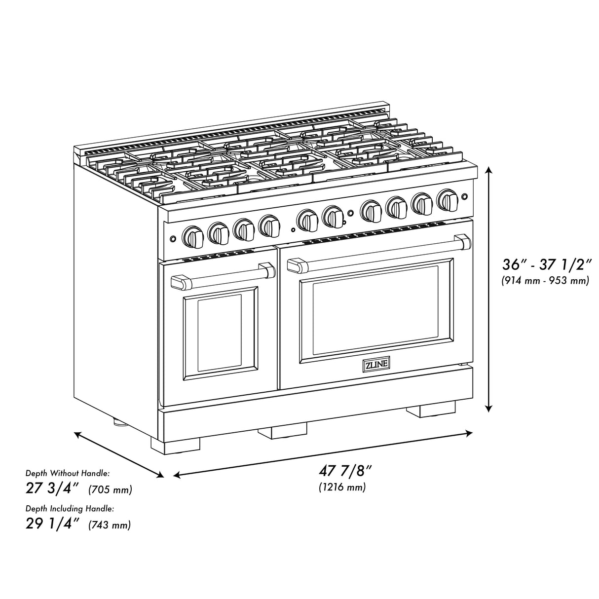 ZLINE 48 in. 6.7 cu. ft. Paramount Double Oven Gas Range with 8 Burner Cooktop in Black Stainless Steel (SGRB-48)