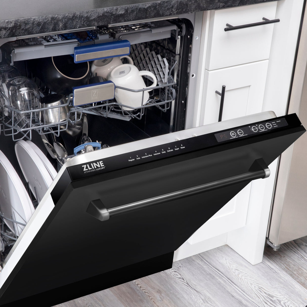 ZLINE 24" Tallac Series 3rd Rack Tall Tub Dishwasher in Black Stainless Steel with Stainless Steel Tub, 51dBa (DWV-BS-24)