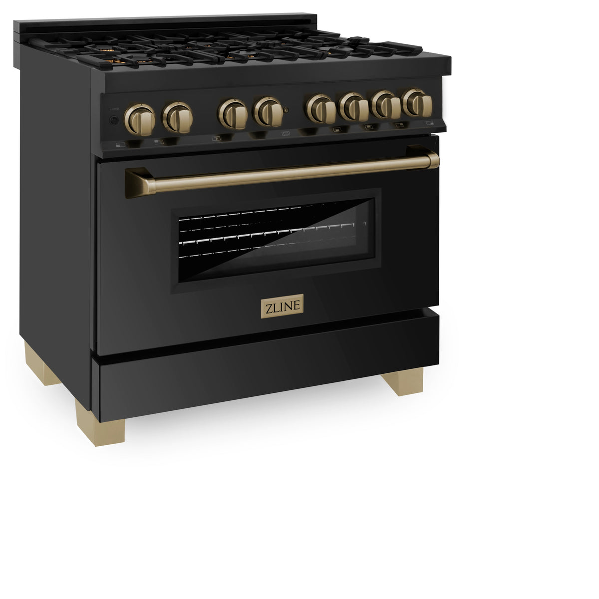 ZLINE Autograph Edition 36 in. 4.6 cu. ft. Legacy Dual Fuel Range with 6 Burner Gas Cooktop and Electric Convection Oven in Black Stainless Steel and Champagne Bronze Accents (RABZ-36-CB)