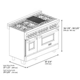 ZLINE 48 in. 6.0 cu. ft. Legacy Dual Fuel Range with 7 Burner Gas Cooktop and 2 Electric Ovens in Satin Stainless Steel with Griddle (RAS-SN-GR-48)
