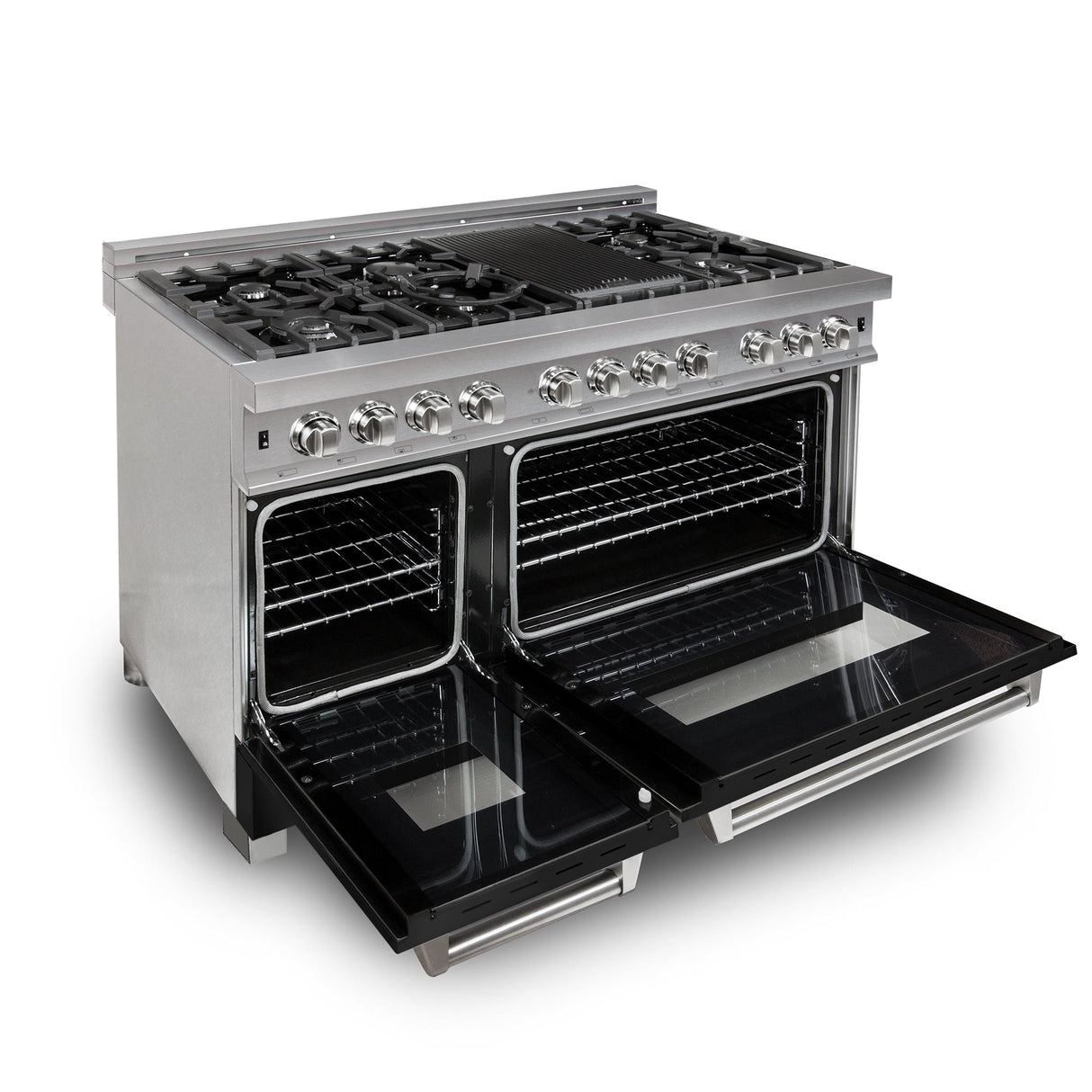 ZLINE 48 in. 6.0 cu. ft. Legacy Dual Fuel Range with 7 Burner Gas Cooktop and 2 Electric Ovens in Satin Stainless Steel and Black Matte Doors (RAS-BLM-48)