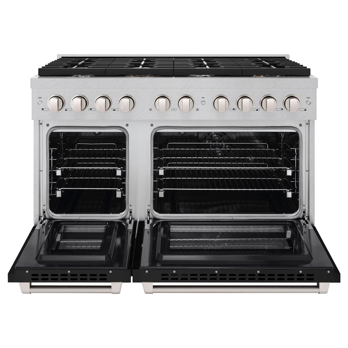 ZLINE 48 in. 6.7 cu. ft. Paramount Double Oven Dual Fuel Range with 8 Burner Gas Cooktop in Satin Stainless Steel with Black Matte Doors (SDRS-BLM-48)