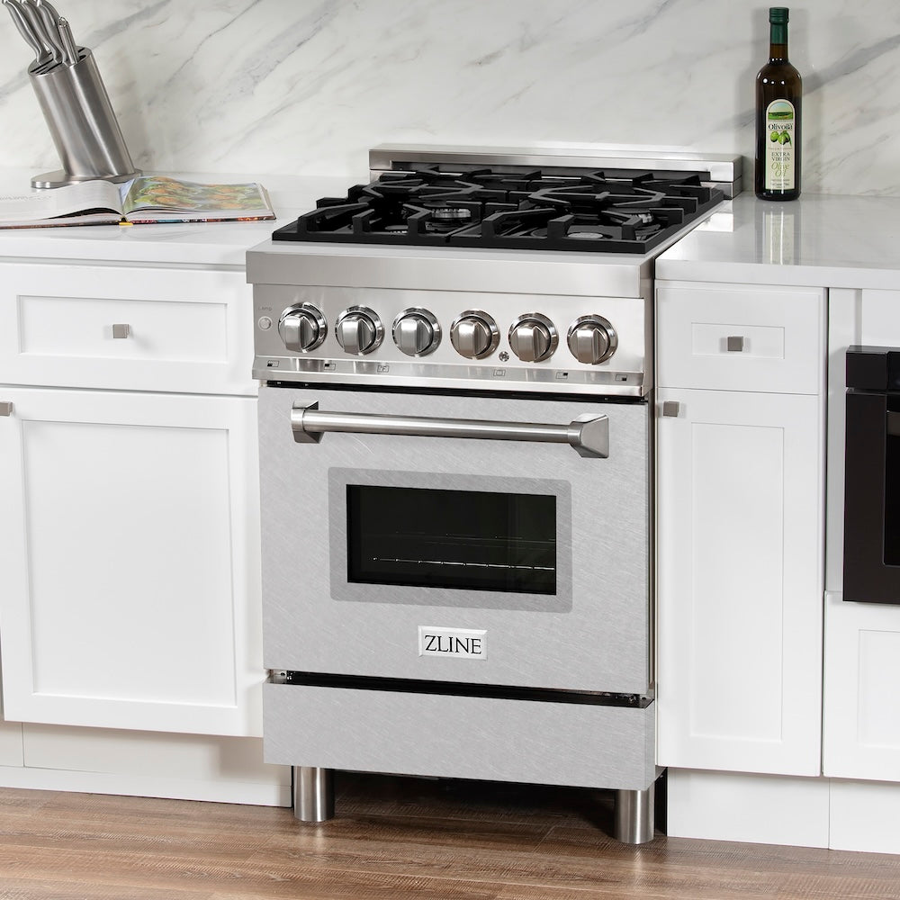 ZLINE 24 in. 2.8 cu. ft. Legacy Dual Fuel Range with 4 Burner Gas Cooktop and Electric Convection Oven in Stainless Steel with Satin Stainless Steel Door (RA-SN-24)
