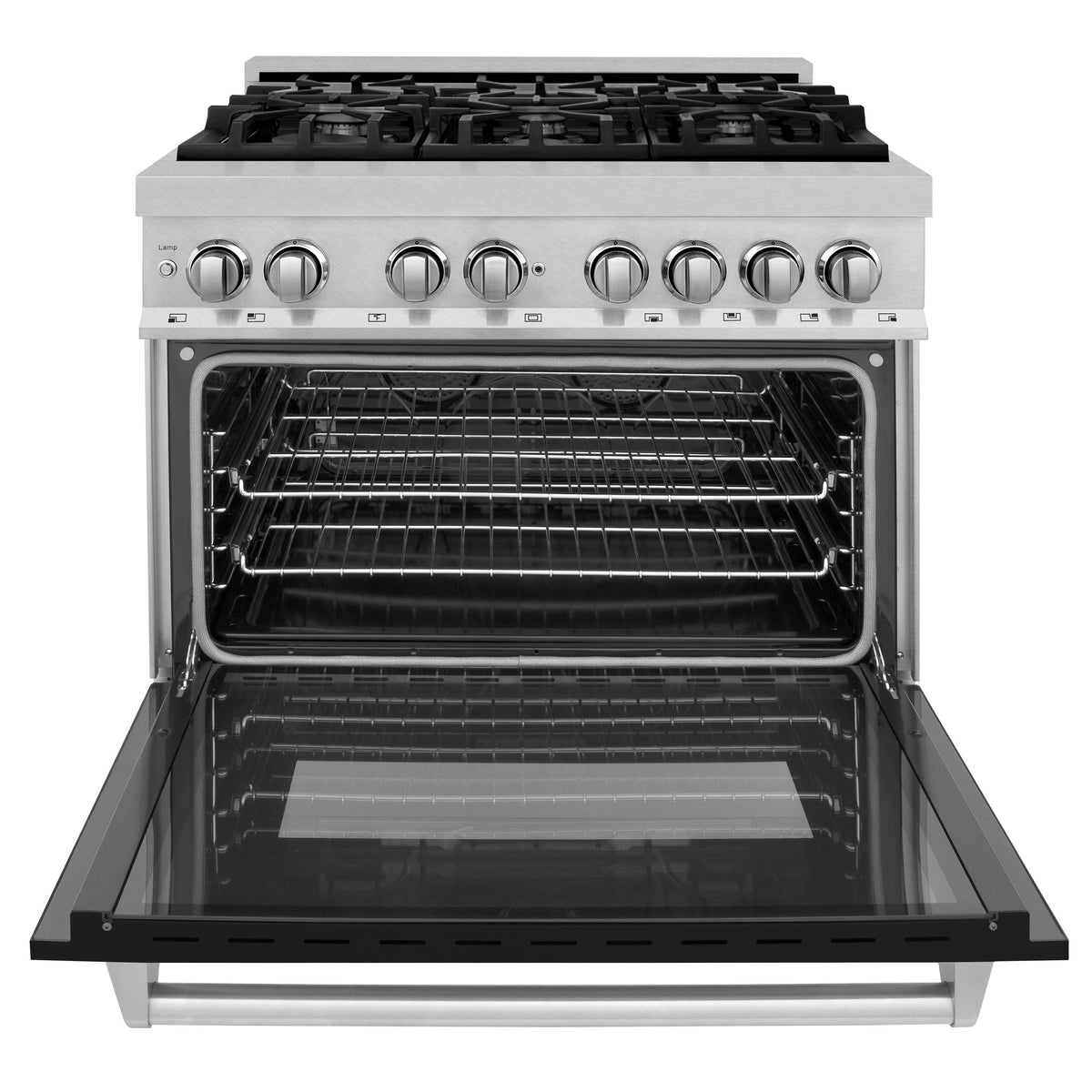 ZLINE 36 in. 4.6 cu. ft. Legacy Dual Fuel Range with 6 Burner Gas Cooktop and Electric Convection Oven in Satin Stainless Steel and Black Matte Door (RAS-BLM-36)