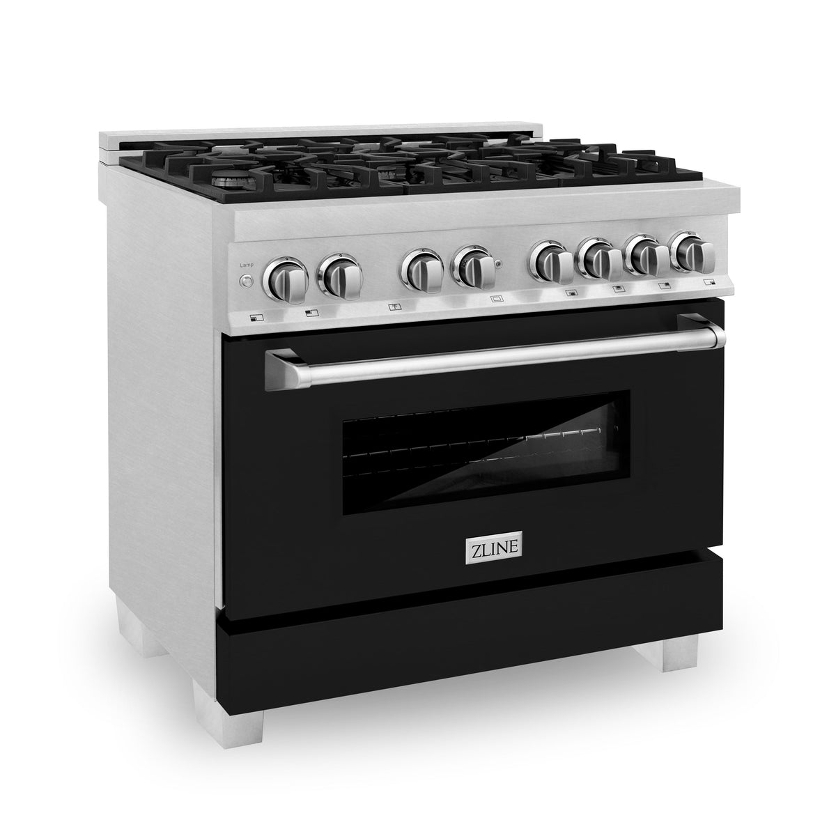 ZLINE 36 in. 4.6 cu. ft. Legacy Dual Fuel Range with 6 Burner Gas Cooktop and Electric Convection Oven in Satin Stainless Steel and Black Matte Door (RAS-BLM-36)