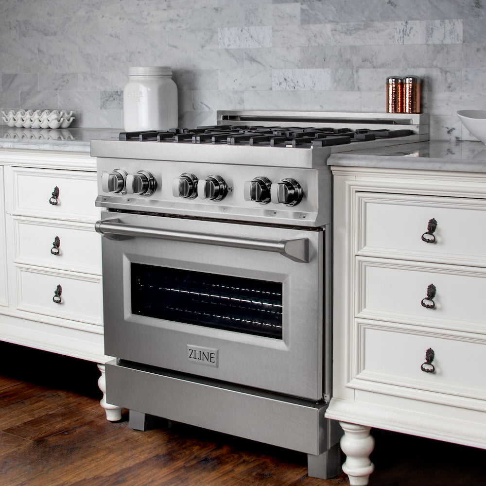 ZLINE 30 in. 4.0 cu. ft. Legacy Dual Fuel Range with 4 Burner Gas Cooktop and Electric Convection Oven in Satin Stainless Steel (RAS-SN-30)