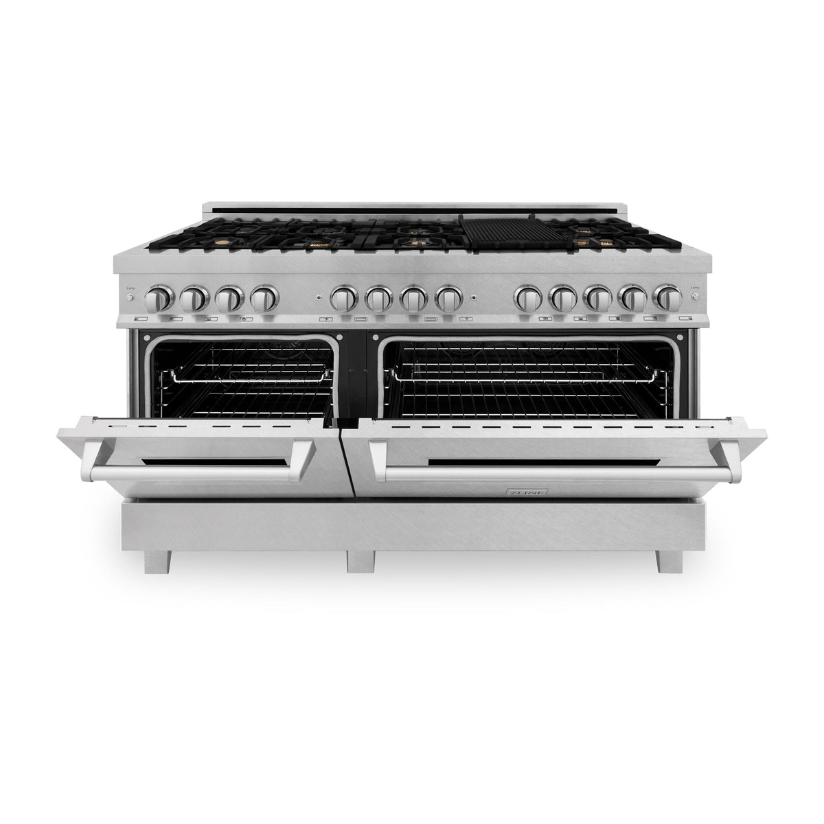 ZLINE 60 in. 7.4 cu. ft. Legacy Dual Fuel Range with Gas Cooktop and 2 Electric Convection Ovens in Satin Stainless Steel with 8 Brass Burners (RAS-SN-BR-60)