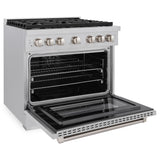 ZLINE 36 in. 5.2 cu. ft. Paramount Dual Fuel Range with Gas Cooktop and Electric Convection Oven in Satin Stainless Steel with 6 Brass Burners (SDRS-BR-36)