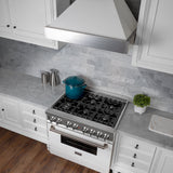 ZLINE 30 in. 4.0 cu. ft. Legacy Dual Fuel Range with 4 Burner Gas Cooktop and Electric Convection Oven in Satin Stainless Steel and White Matte Door (RAS-WM-30)