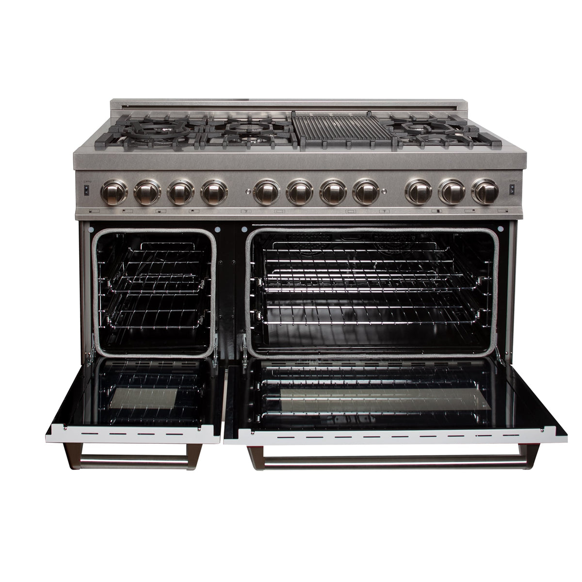 ZLINE 48 in. 6.0 cu. ft. Legacy Dual Fuel Range with 7 Burner Gas Cooktop and 2 Electric Ovens in Satin Stainless Steel and White Matte Doors (RAS-WM-48)