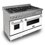 ZLINE 48 in. 6.0 cu. ft. Legacy Dual Fuel Range with 7 Burner Gas Cooktop and 2 Electric Ovens in Satin Stainless Steel and White Matte Doors (RAS-WM-48)