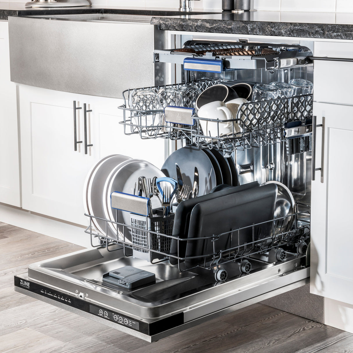 ZLINE 24 in. Tallac Series 3rd Rack Tall Tub Dishwasher with Satin Stainless Steel Panel and Stainless Steel Tub, 51dBa (DWV-SN-24)