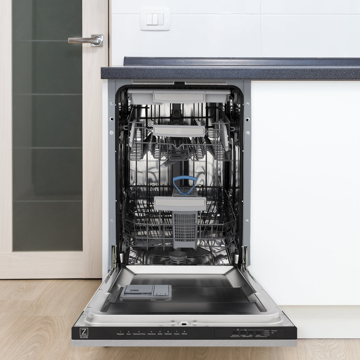 ZLINE 18 in. Tallac Series 3rd Rack Top Control Dishwasher with Satin Stainless Steel Panel and Stainless Steel Tub, 51dBa (DWV-SN-18)