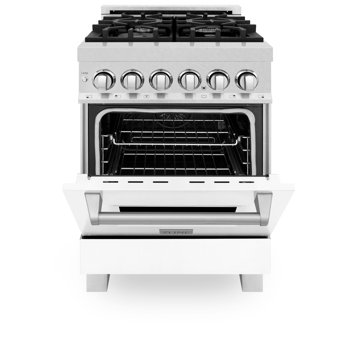 ZLINE 24 in. 2.8 cu. ft. Legacy Dual Fuel Range with 4 Burner Gas Cooktop and Electric Convection Oven in Satin Stainless Steel and White Matte Door (RAS-WM-24)