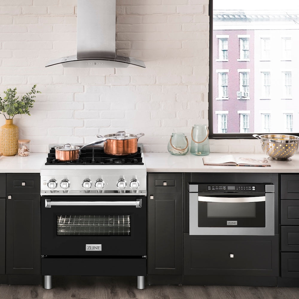 ZLINE 30 in. 4.0 cu. ft. Legacy Dual Fuel Range with 4 Burner Gas Cooktop and Electric Convection Oven in Stainless Steel and Black Matte Door (RA-BLM-30)