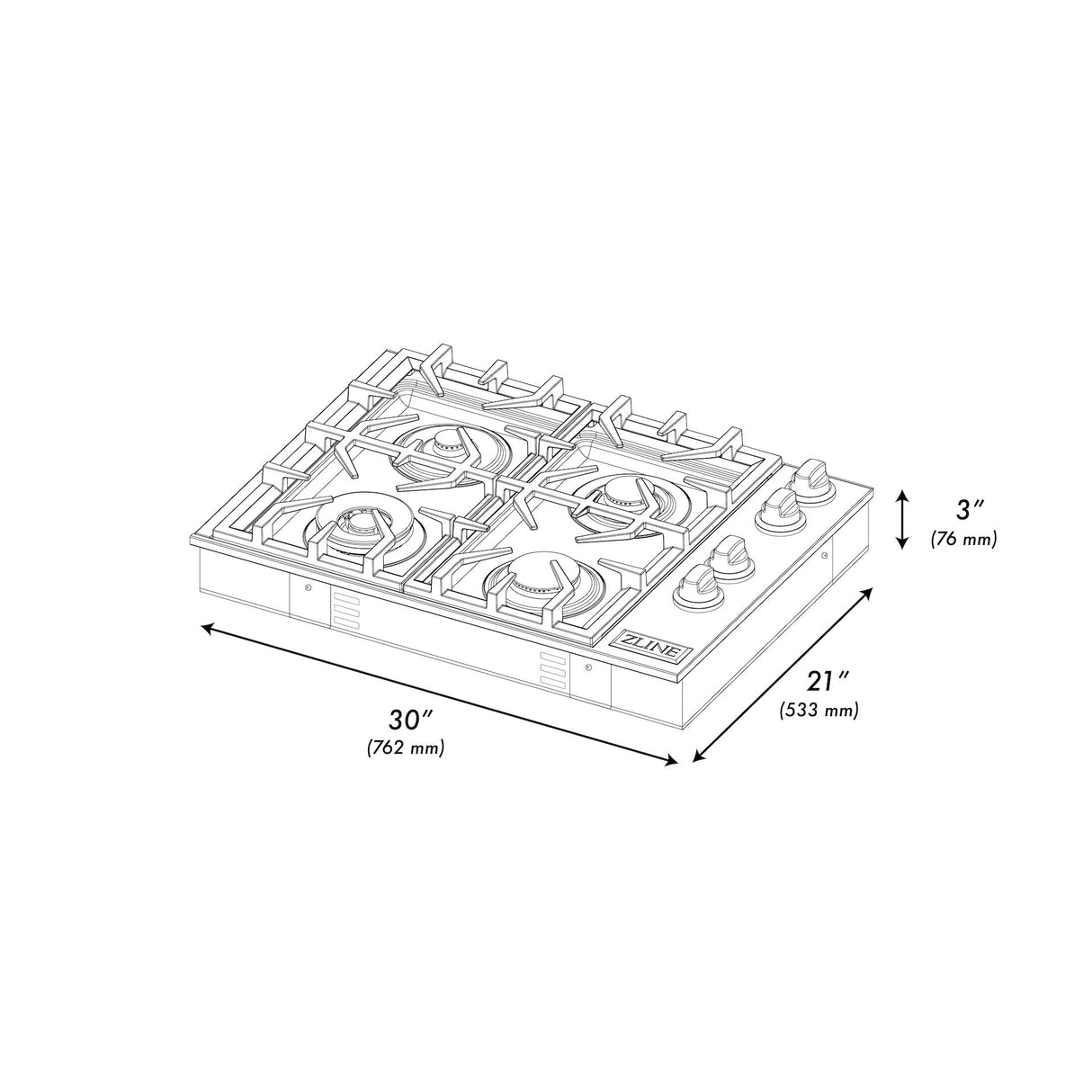 ZLINE 30" Gas Cooktop with 4 Gas Burners and Black Porcelain Top (RC30-PBT)