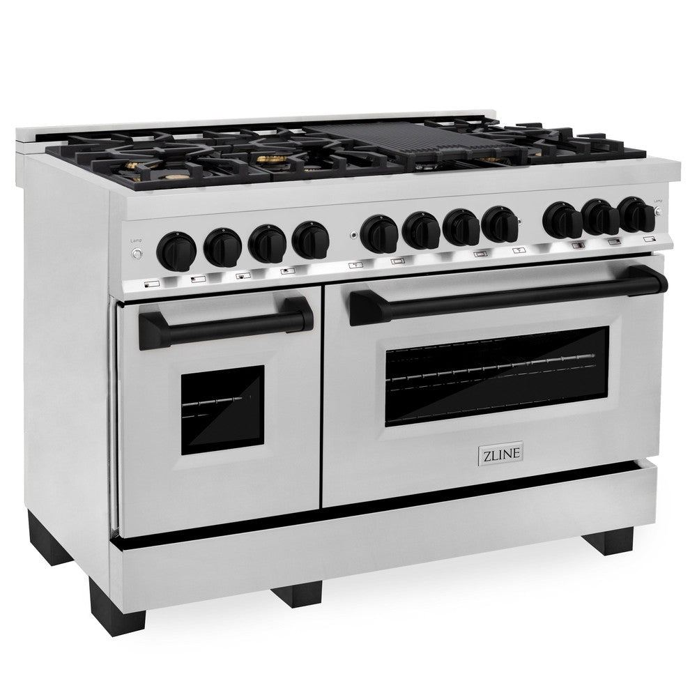 ZLINE Autograph Edition 48 in. Kitchen Package with Stainless Steel Dual Fuel Range, Range Hood, Dishwasher and Refrigeration Including External Water Dispenser with Matte Black Accents (4AKPR-RARHDWM48-MB)