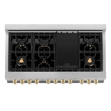 ZLINE Autograph Edition 48 in. Kitchen Package with Stainless Steel Dual Fuel Range with White Matte Door and Range Hood with Polished Gold Accents (2AKP-RAWMRH48-G)