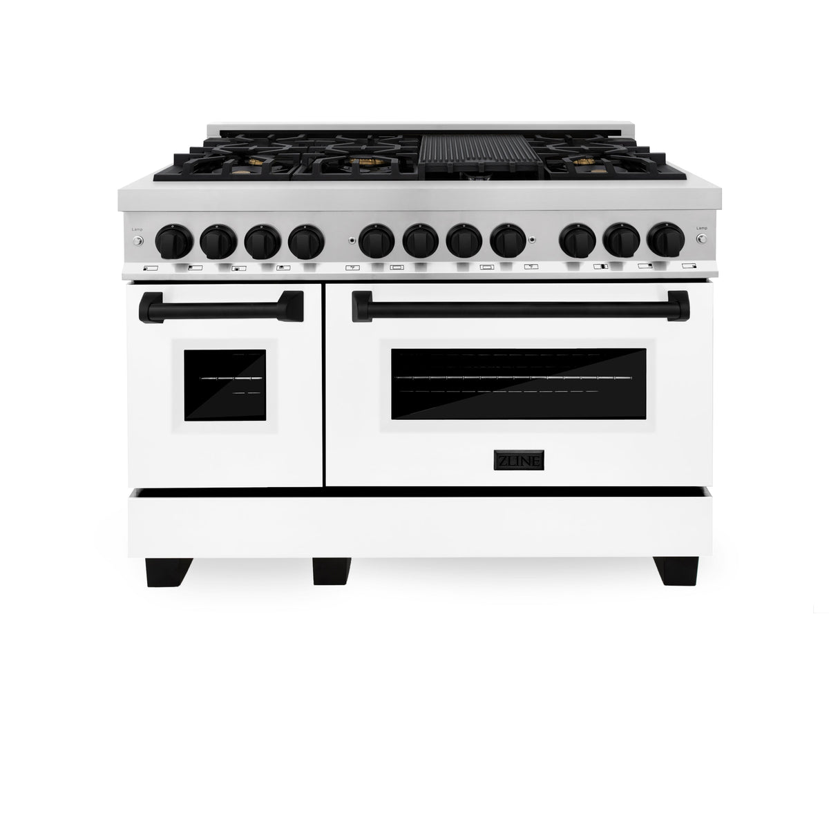 ZLINE Autograph Edition 48 in. 6.0 cu. ft. Legacy Dual Fuel Range with 7 Burner Gas Cooktop and 2 Electric Ovens in Stainless Steel with White Matte Doors and Matte Black Accents (RAZ-WM-48-MB)