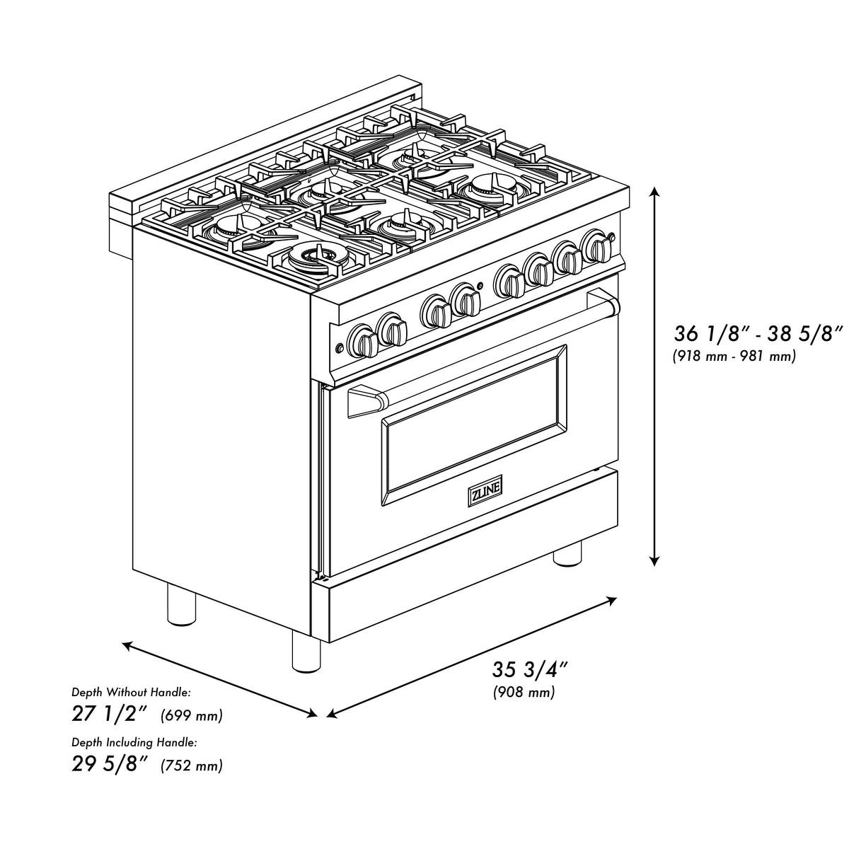 ZLINE 36 in. 4.6 cu. ft. Legacy Dual Fuel Range with 6 Burner Gas Cooktop and Electric Convection Oven in Stainless Steel with Satin Stainless Steel Door (RA-SN-36)