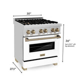 ZLINE Autograph Edition 30 in. Kitchen Package with Stainless Steel Dual Fuel Range with White Matte Door and Range Hood with Champagne Bronze Accents (2AKP-RAWMRH30-CB)
