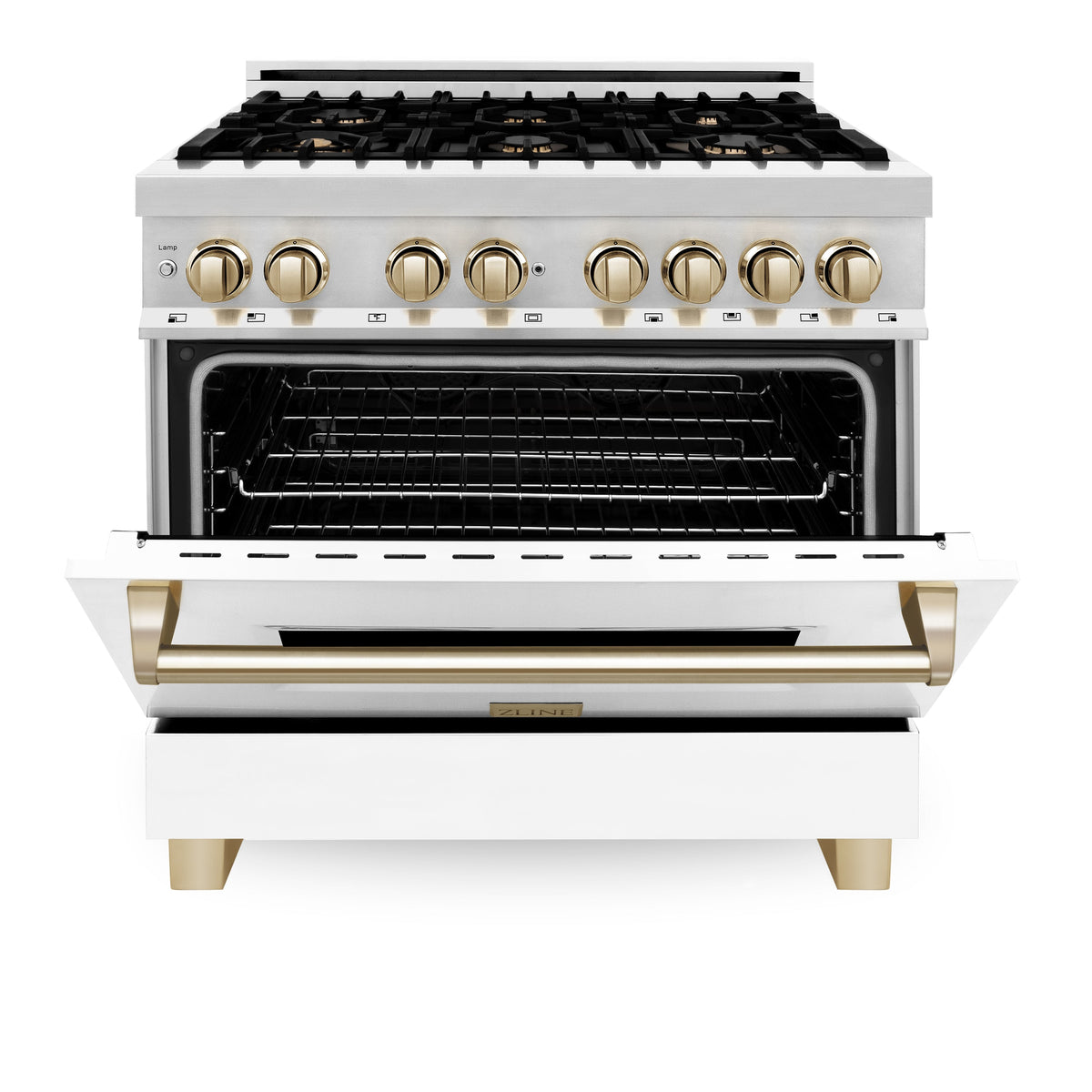 ZLINE Autograph Edition 36 in. 4.6 cu. ft. Legacy Dual Fuel Range with 6 Burner Gas Cooktop and Electric Convection Oven in Stainless Steel with White Matte Door and Polished Gold Accents (RAZ-WM-36-G)