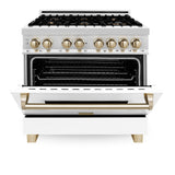 ZLINE Autograph Edition 36 in. 4.6 cu. ft. Legacy Dual Fuel Range with 6 Burner Gas Cooktop and Electric Convection Oven in Stainless Steel with White Matte Door and Polished Gold Accents (RAZ-WM-36-G)
