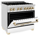 ZLINE Autograph Edition 36 in. 4.6 cu. ft. Legacy Dual Fuel Range with 6 Burner Gas Cooktop and Electric Convection Oven in Stainless Steel with White Matte Door and Polished Gold Accents (RAZ-WM-36-G)