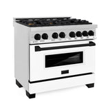 ZLINE Autograph Edition 36 in. Kitchen Package with Stainless Steel Dual Fuel Range with White Matte Door, Range Hood and Dishwasher with Matte Black Accents (3AKP-RAWMRHDWM36-MB)