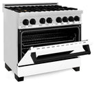 ZLINE Autograph Edition 36 in. 4.6 cu. ft. Legacy Dual Fuel Range with 6 Burner Gas Cooktop and Electric Convection Oven in Stainless Steel with White Matte Door and Matte Black Accents (RAZ-WM-36-MB)