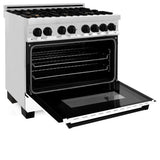 ZLINE Autograph Edition 36 in. 4.6 cu. ft. Legacy Dual Fuel Range with 6 Burner Gas Cooktop and Electric Convection Oven in Stainless Steel with White Matte Door and Matte Black Accents (RAZ-WM-36-MB)
