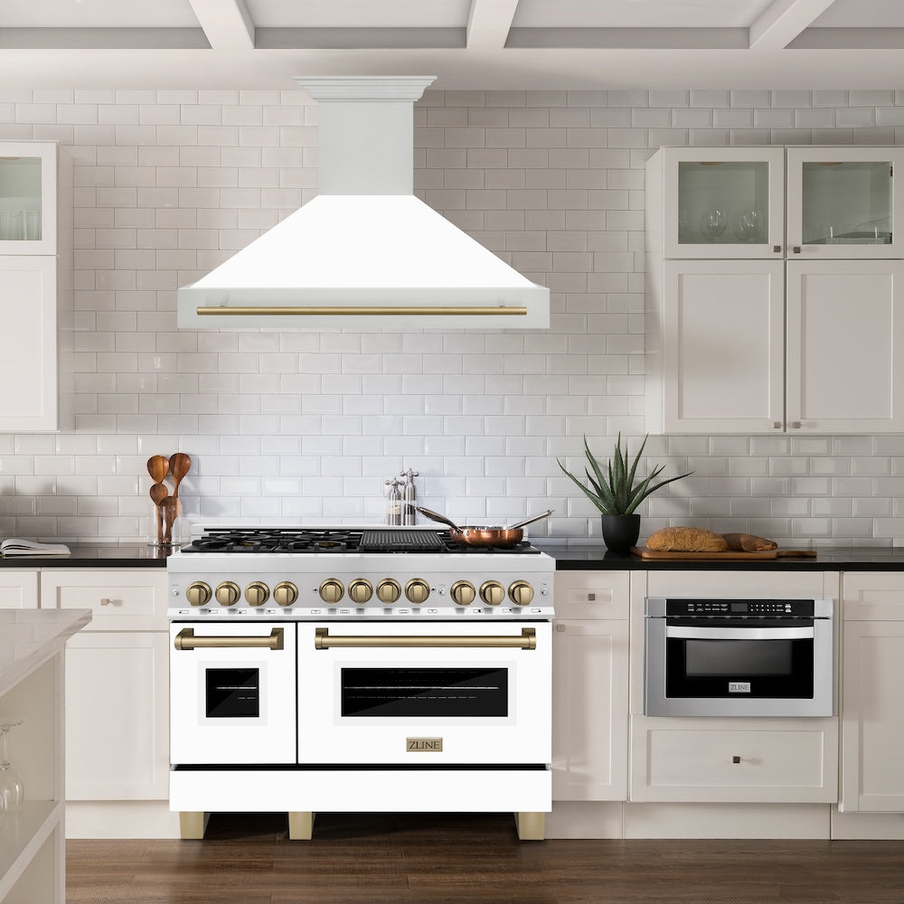 ZLINE Autograph Edition 48" Stainless Steel Range Hood with White Matte Shell and Champagne Bronze Handle (8654STZ-WM48-CB)